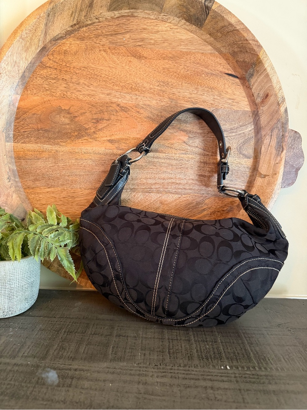 Coach VTG Y2K SoHo Signature Half Moon Hobo Canvas & Black Leather Shoulder Bag
